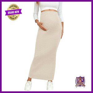Maternity Maxi Skirt Adjustable Waist Rib Knit Stretchy Over Belly